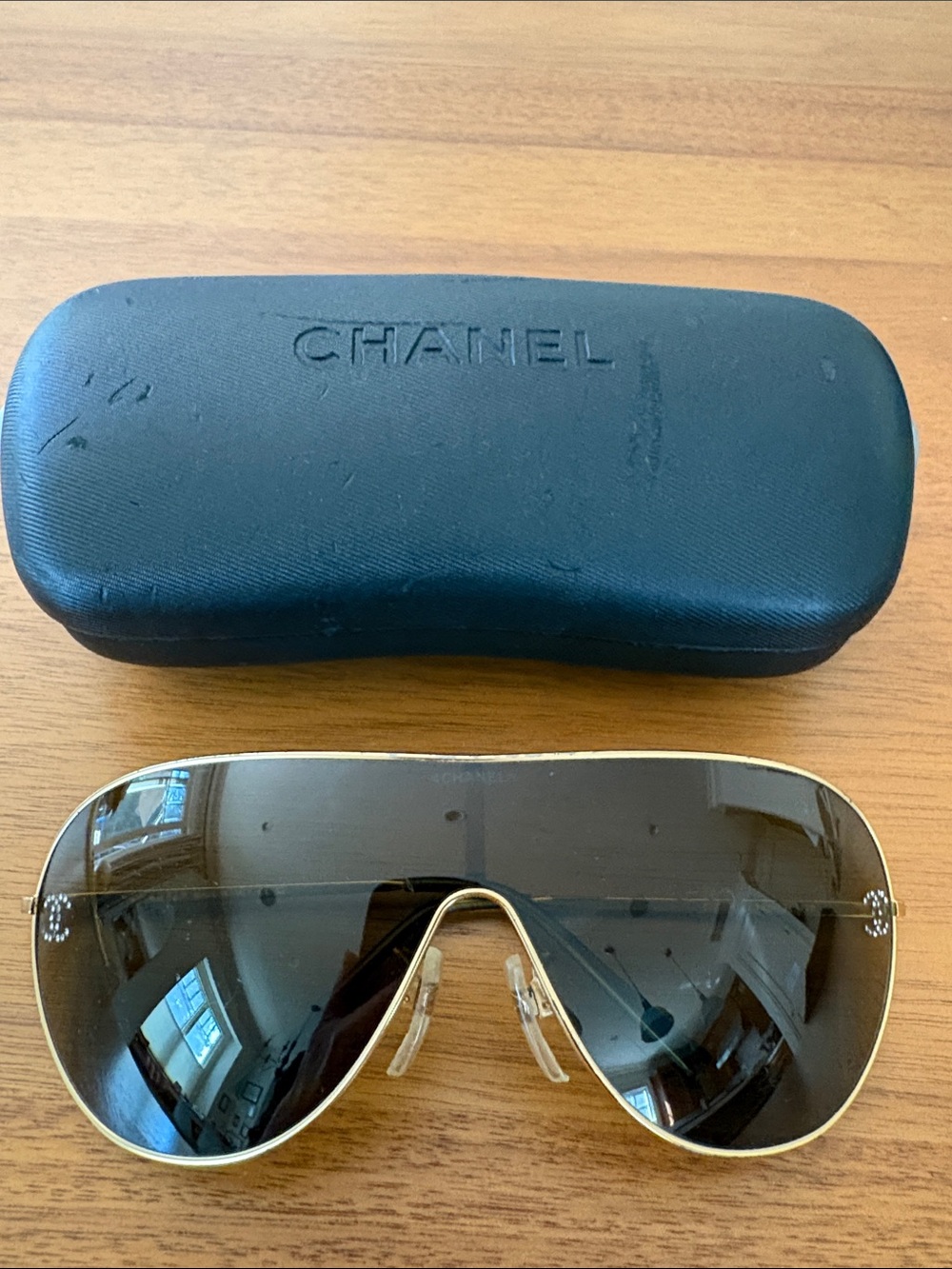 CHANEL Men's Gold-Trim Shield Sunglasses with Dark Lenses